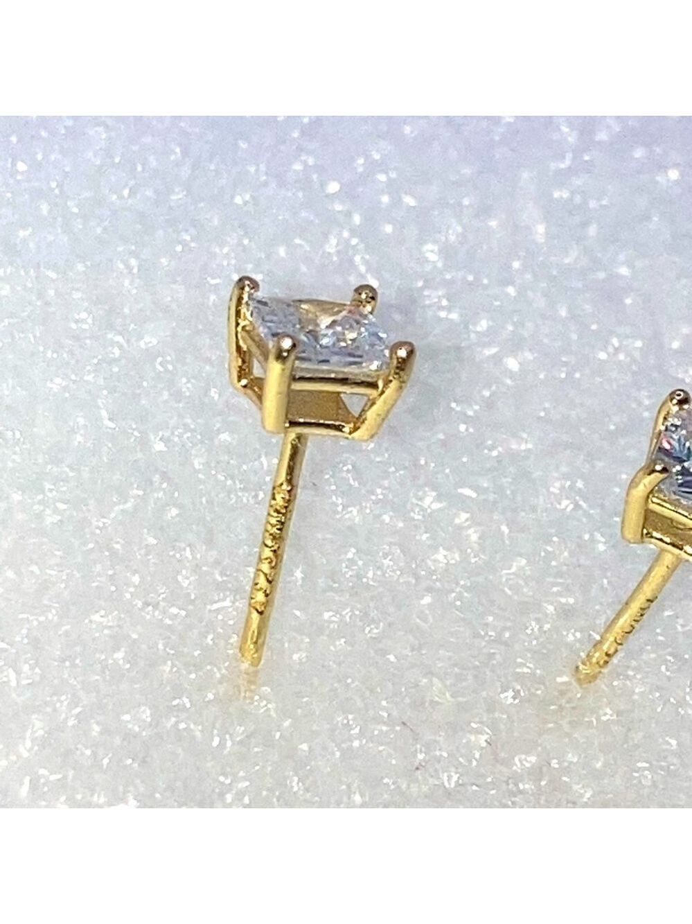 Sterling Silver Yellow Gold Plated Square Cz Stud Earrings / 5mm - Picture 3 of 5